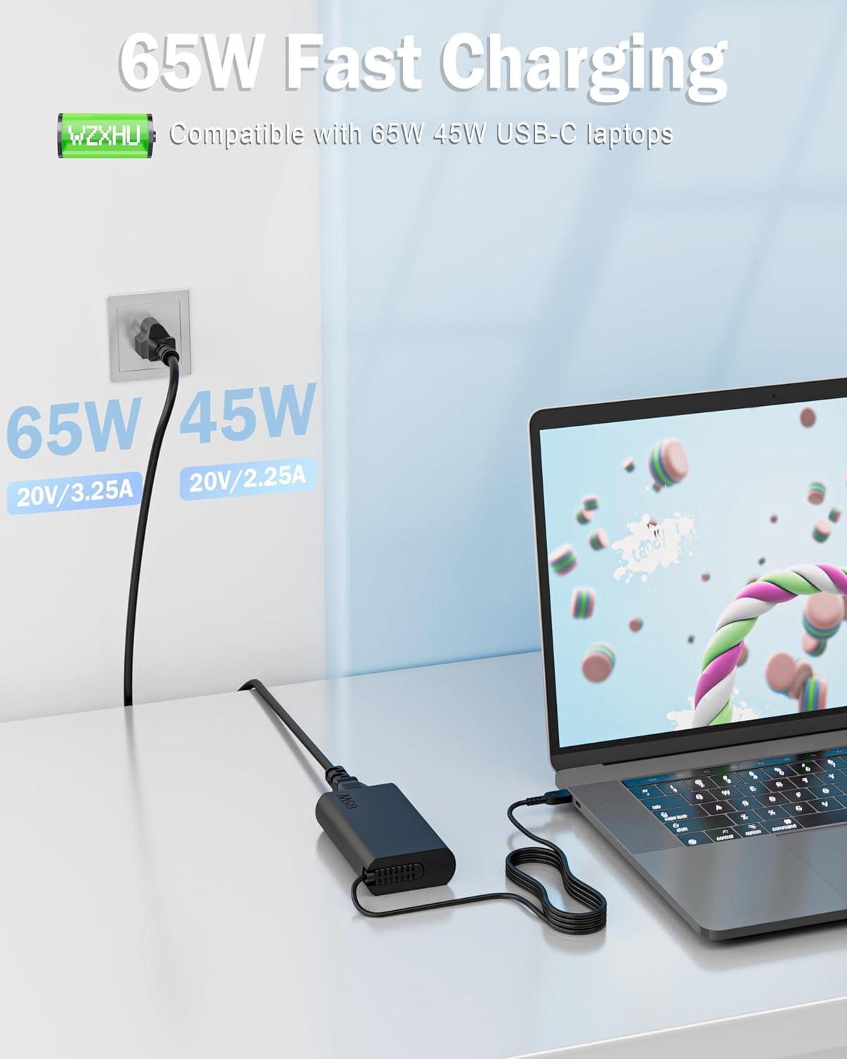 image2025 New Slim 65W USB C Laptop Charger compatible with Lenovo ThinkpadYogaChromebook Computer Type C Fast Charging Power Cord Ac Adapter